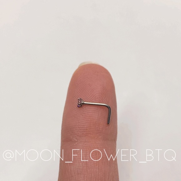 Tiny Pink CZ L Shaped Nose Ring - Picture 3 of 5